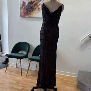 le chateau Black Beaded Cowl-Back Maxi Dress